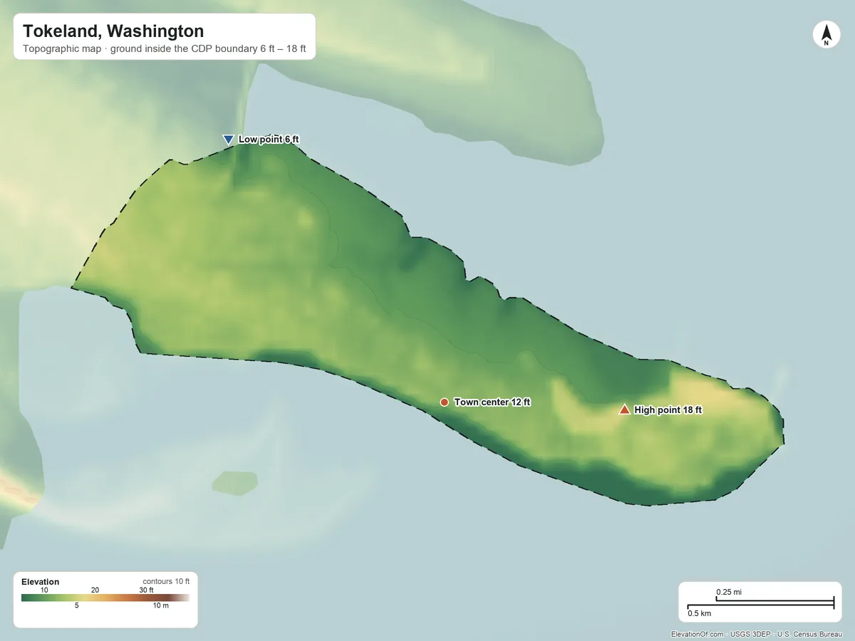 Topographic elevation map of Tokeland, Washington, shaded from 6 ft on the northwest side to 18 ft on the east side