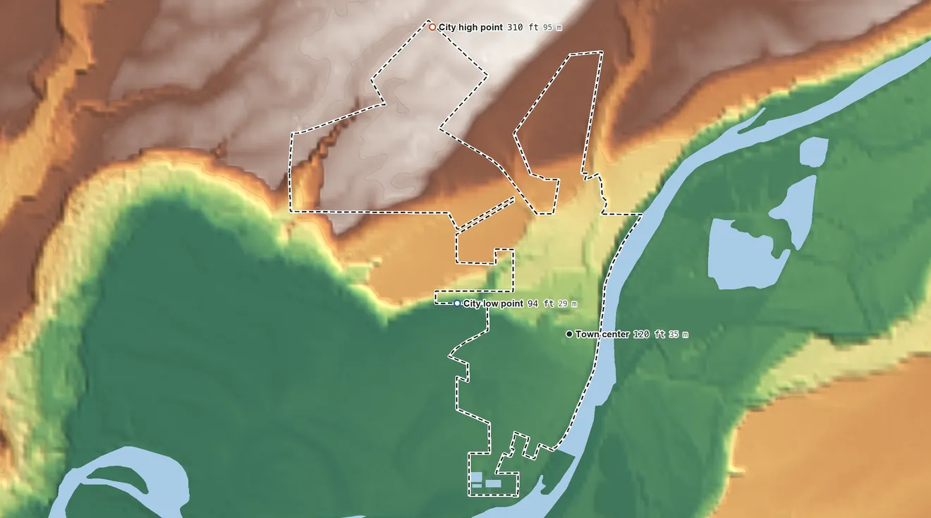 Topographic elevation map of Toledo, Washington, shaded from 94 ft on the west side to 310 ft on the northwest side