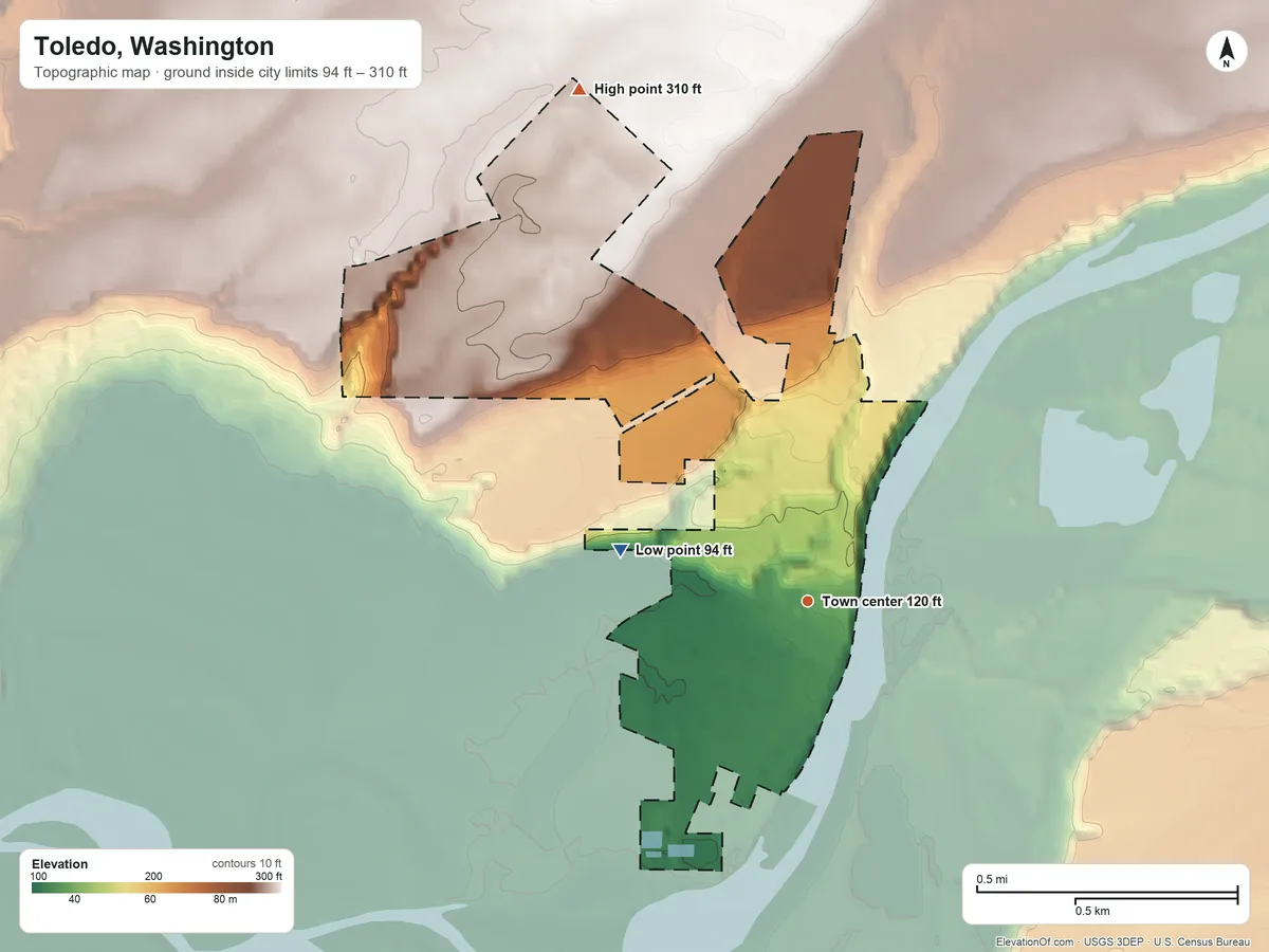 Topographic elevation map of Toledo, Washington, shaded from 94 ft on the west side to 310 ft on the northwest side