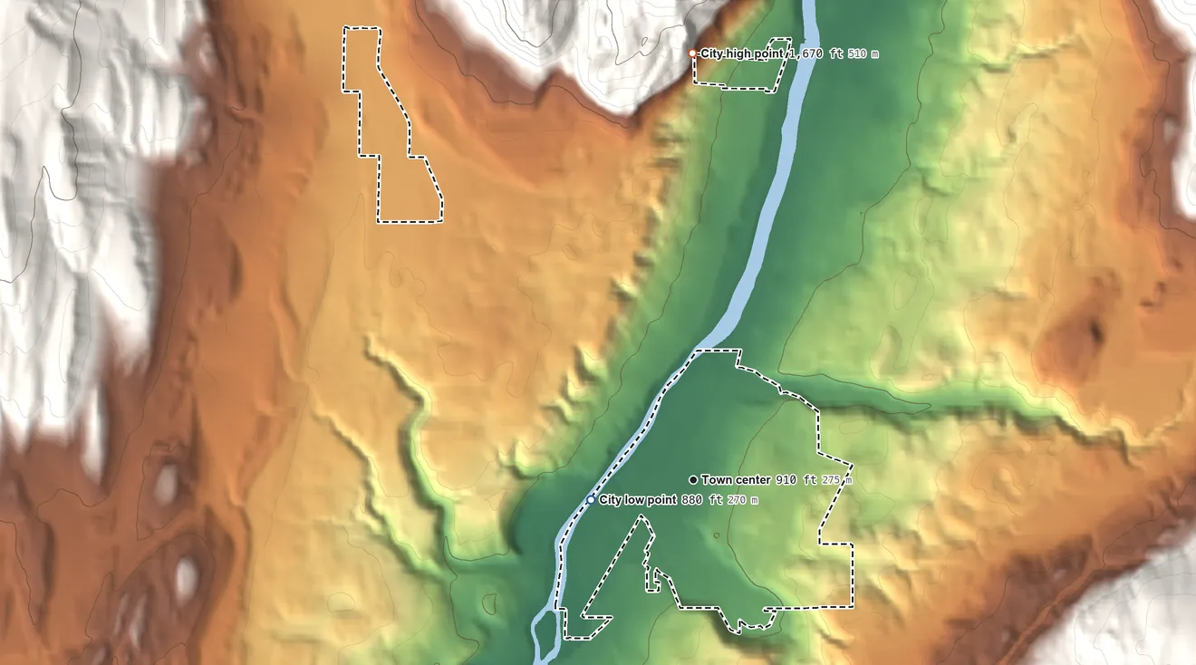 Topographic elevation map of Tonasket, Washington, shaded from 880 ft on the west side to 1,670 ft at the foot of the Lime Belt