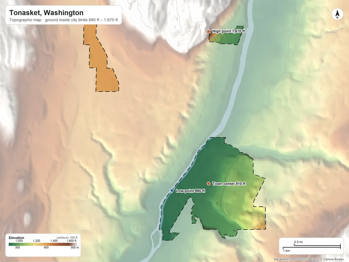 Topographic elevation map of Tonasket, Washington, shaded from 880 ft on the west side to 1,670 ft at the foot of the Lime Belt