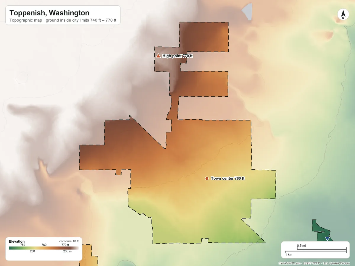 Topographic elevation map of Toppenish, Washington, shaded from 740 ft on the southeast side to 770 ft on the north side