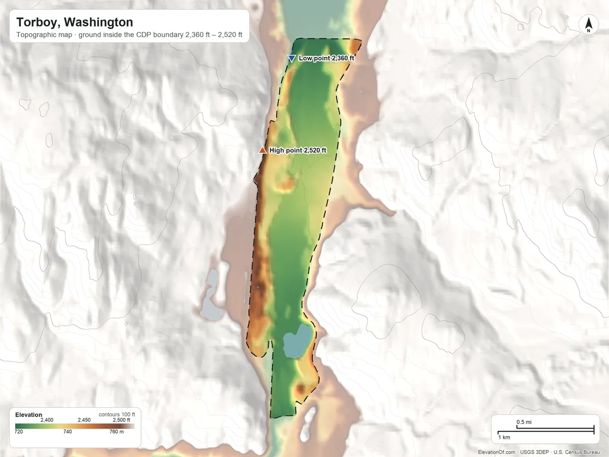 Topographic elevation map of Torboy, Washington, shaded from 2,360 ft on the north side to 2,520 ft on the southwest edge, below higher ground just outside