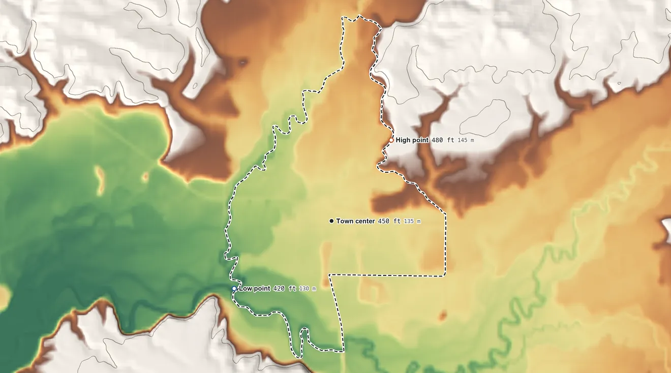 Topographic elevation map of Touchet, Washington, shaded from 420 ft on the southwest side to 480 ft on the northeast side