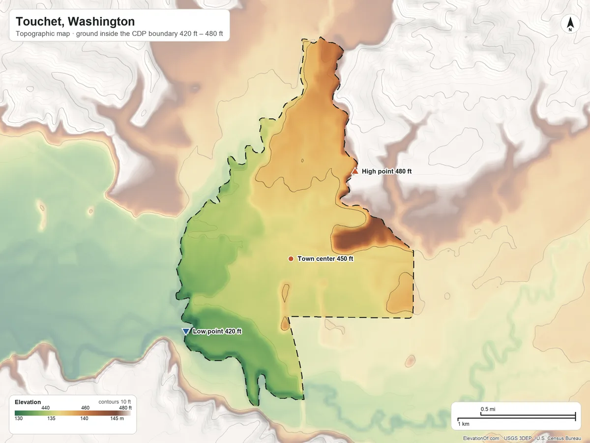 Topographic elevation map of Touchet, Washington, shaded from 420 ft on the southwest side to 480 ft on the northeast side