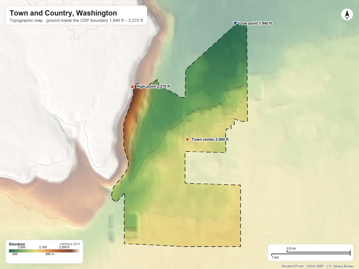 Topographic elevation map of Town and Country, Washington, shaded from 1,940 ft on the north side to 2,270 ft on the northwest side