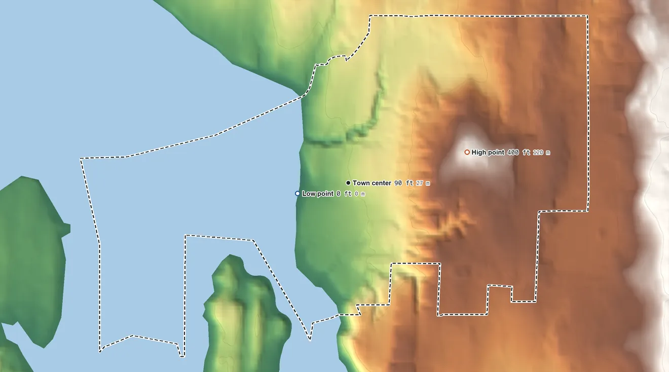Topographic elevation map of Tracyton, Washington, shaded from sea level level on Dyes Inlet to 400 ft on the east side