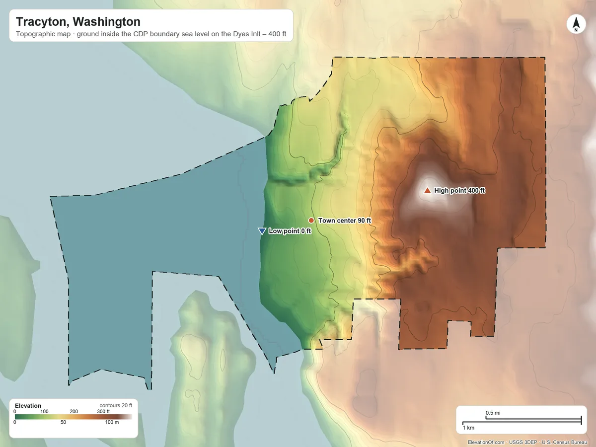 Topographic elevation map of Tracyton, Washington, shaded from sea level level on Dyes Inlet to 400 ft on the east side