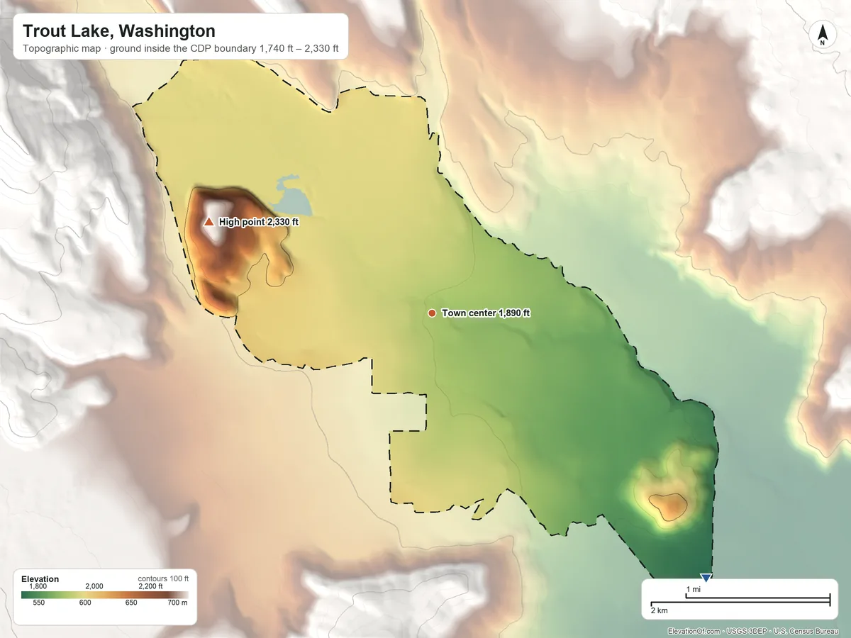 Topographic elevation map of Trout Lake, Washington, shaded from 1,740 ft on the southeast side to 2,330 ft at the foot of the Monte Cristo Range