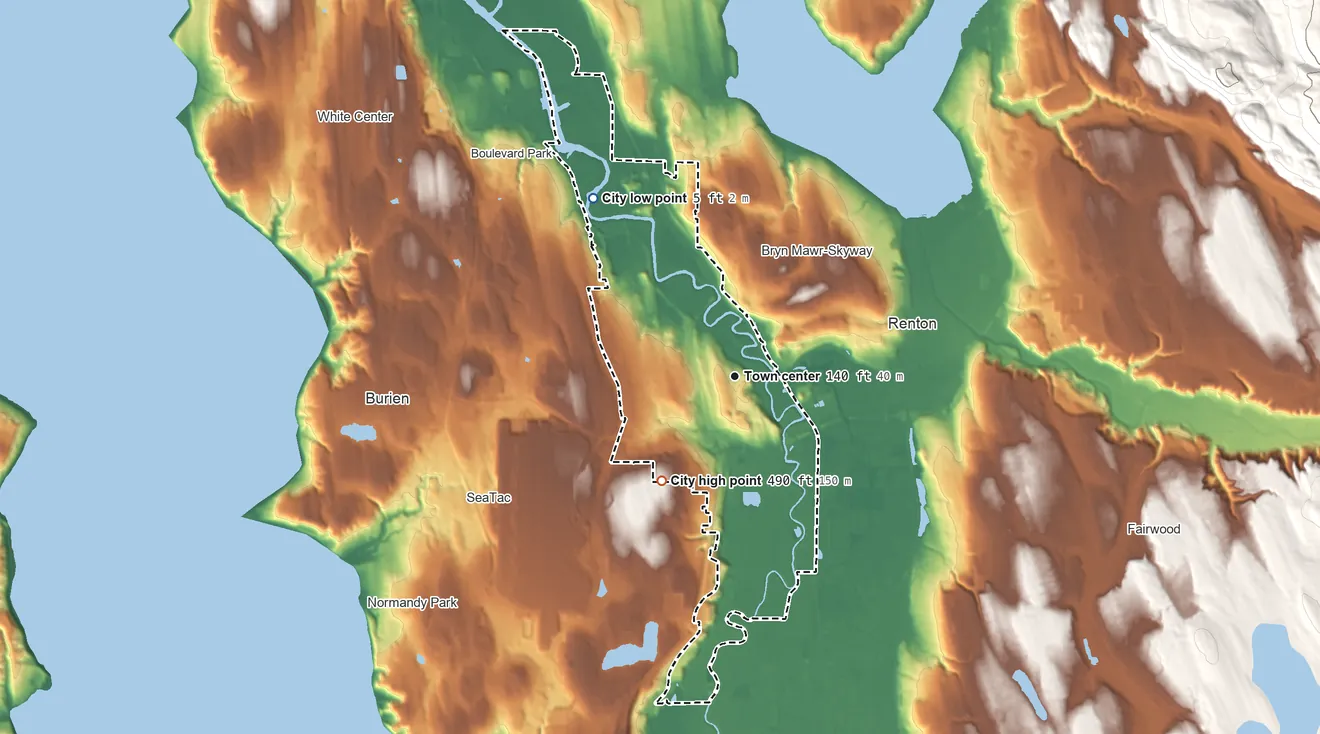 Topographic elevation map of Tukwila, Washington, shaded from 5 ft on the northwest side to 490 ft on the southwest side