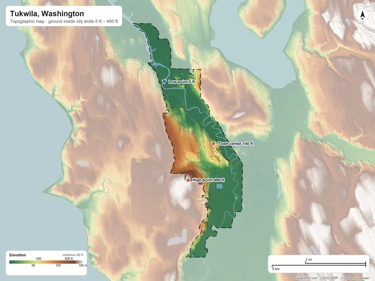 Topographic elevation map of Tukwila, Washington, shaded from 5 ft on the northwest side to 490 ft on the southwest side