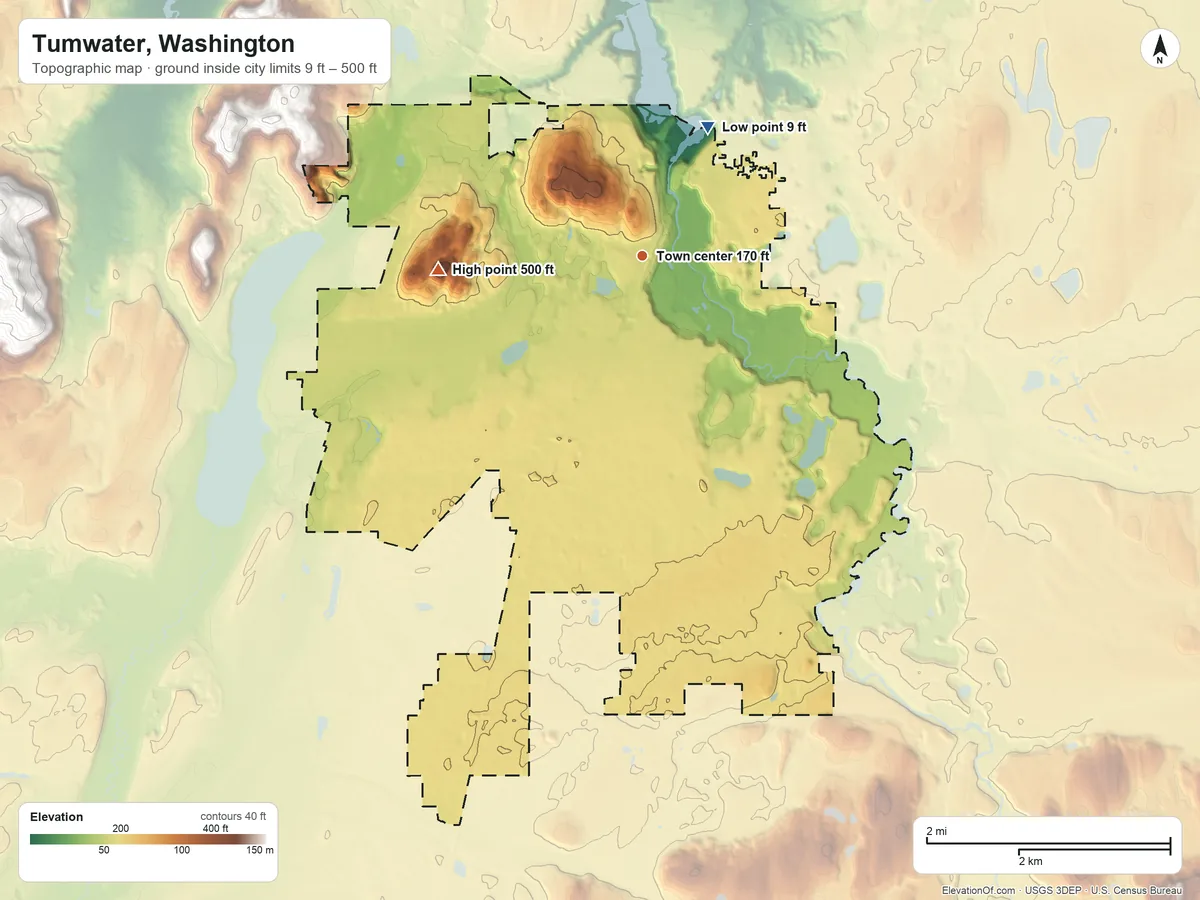 Topographic elevation map of Tumwater, Washington, shaded from 9 ft on the northeast side to 500 ft on the west side