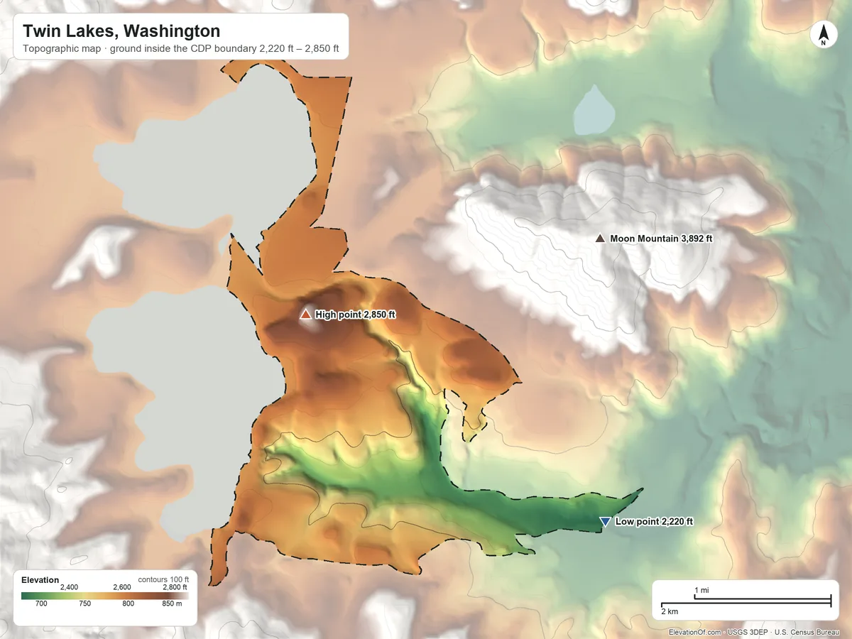 Topographic elevation map of Twin Lakes, Washington, shaded from 2,220 ft on the southeast side to 2,850 ft at the foot of the The Summit Range