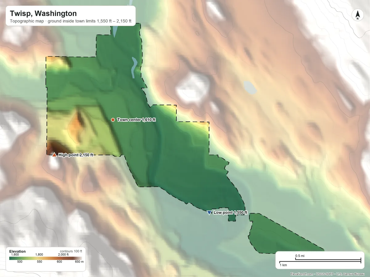 Topographic elevation map of Twisp, Washington, shaded from 1,550 ft on the southeast side to 2,150 ft on the southwest edge, below higher ground just outside