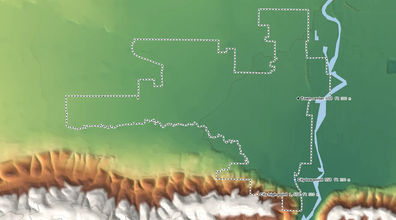 Topographic elevation map of Union Gap, Washington, shaded from 950 ft on the south side to 1,670 ft at the foot of the Rattlesnake Hills