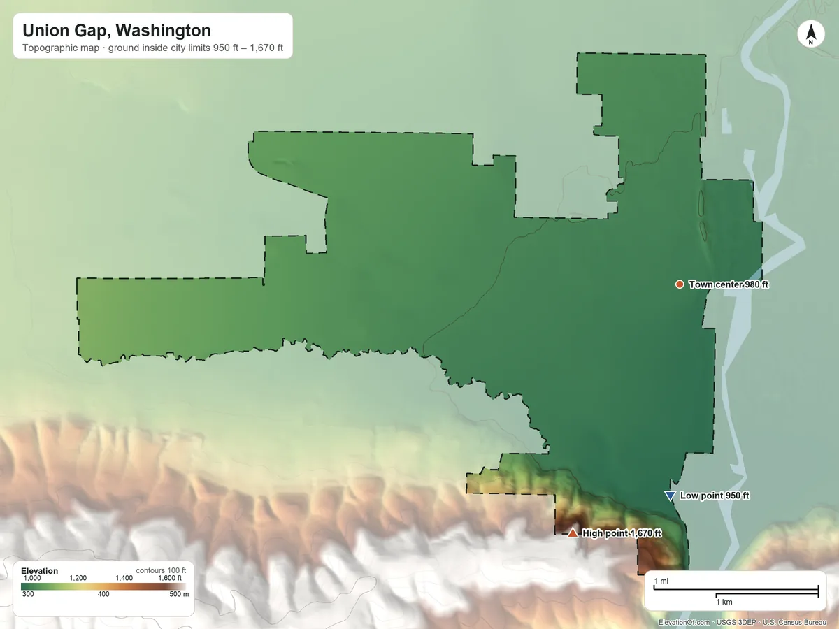 Topographic elevation map of Union Gap, Washington, shaded from 950 ft on the south side to 1,670 ft at the foot of the Rattlesnake Hills