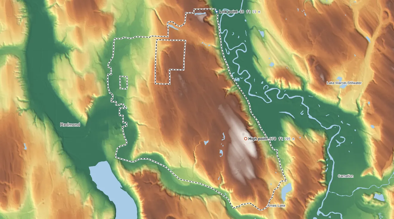 Topographic elevation map of Union Hill-Novelty Hill, Washington, shaded from 48 ft on the north side to 670 ft on the southeast side
