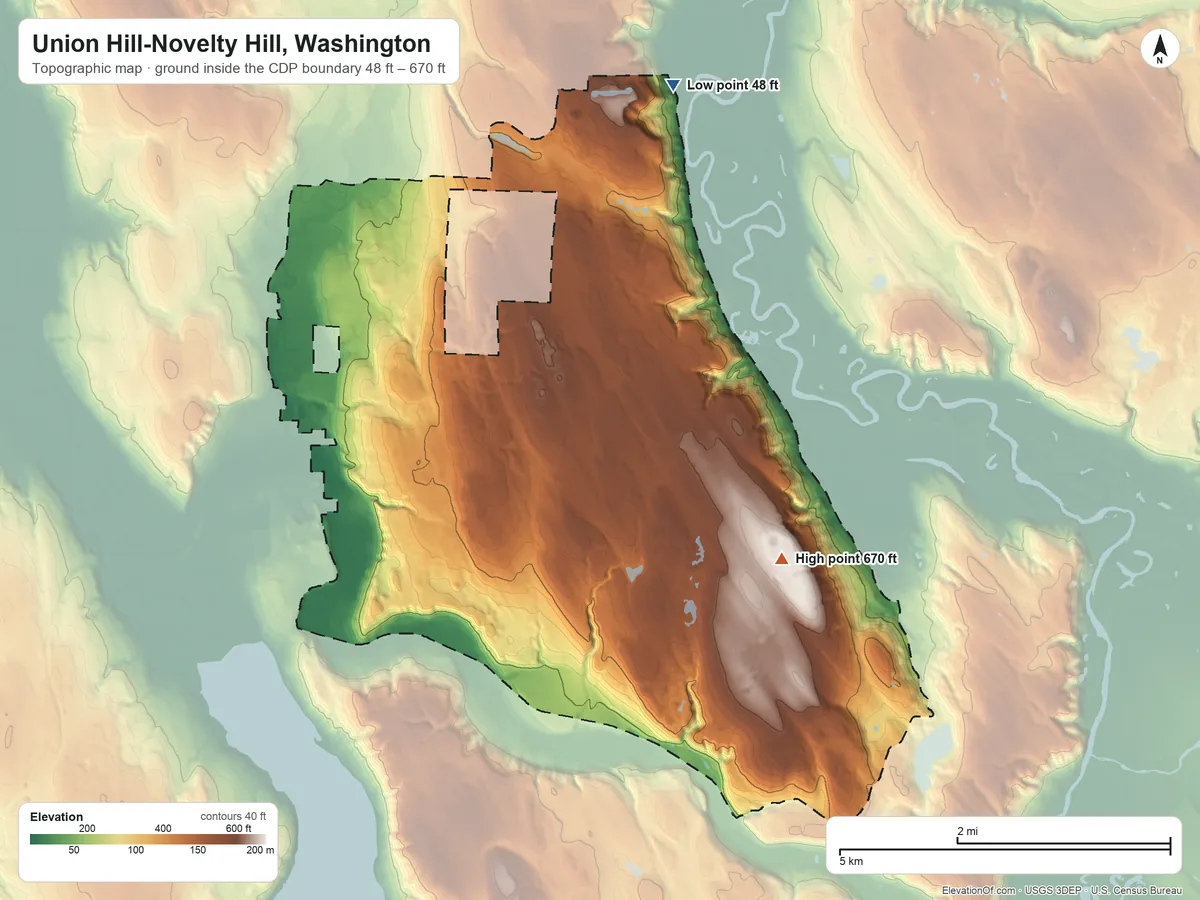Topographic elevation map of Union Hill-Novelty Hill, Washington, shaded from 48 ft on the north side to 670 ft on the southeast side