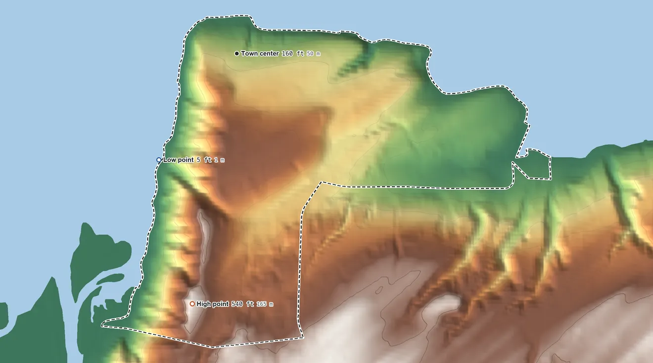 Topographic elevation map of Union, Washington, shaded from 5 ft on the southwest side to 540 ft on the south side