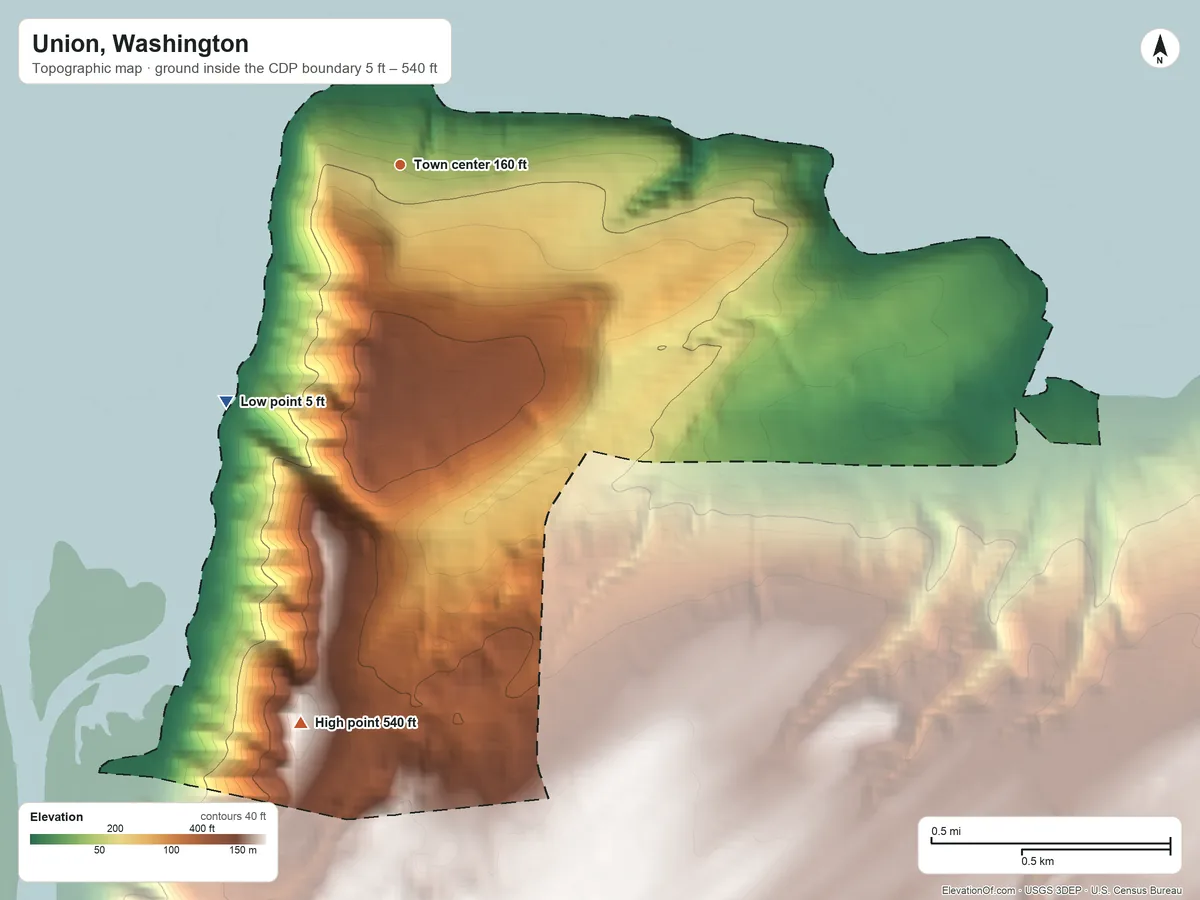 Topographic elevation map of Union, Washington, shaded from 5 ft on the southwest side to 540 ft on the south side