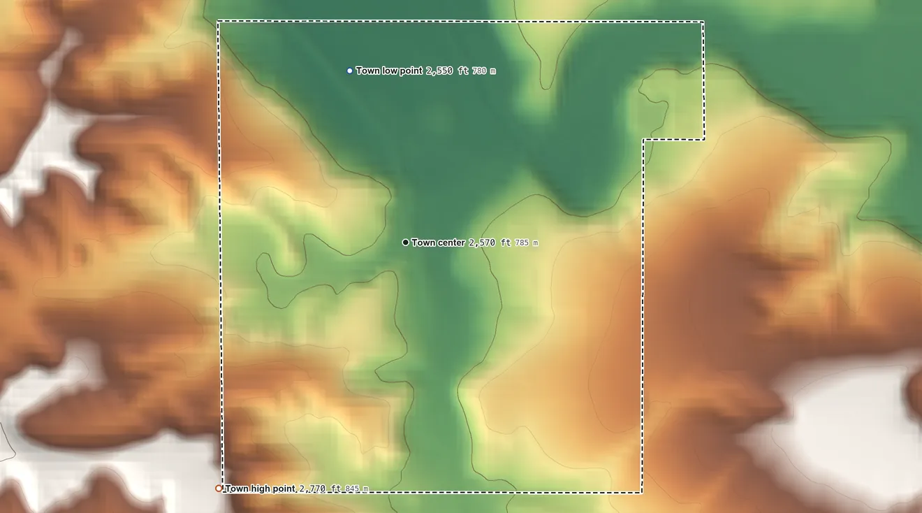 Topographic elevation map of Uniontown, Washington, shaded from 2,550 ft on the north side to 2,770 ft on the southwest side