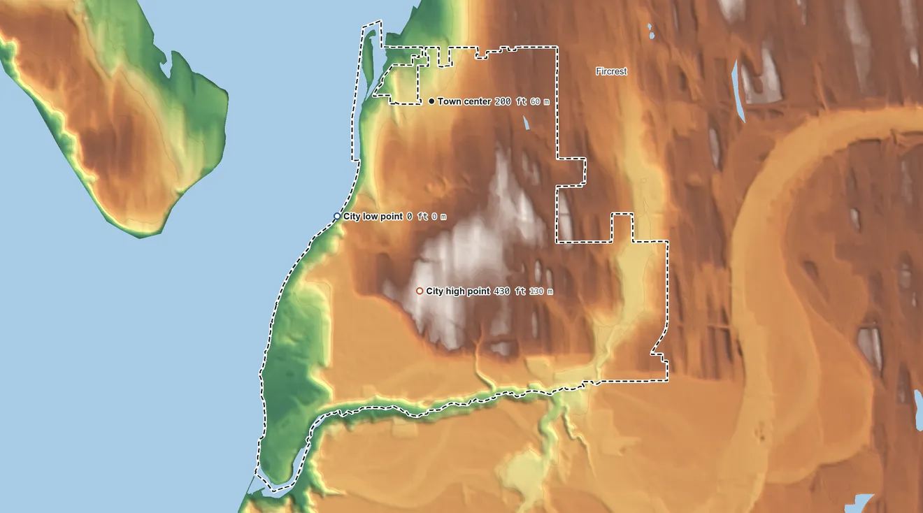 Topographic elevation map of University Place, Washington, shaded from sea level level on Puget Sound to 430 ft on the south side