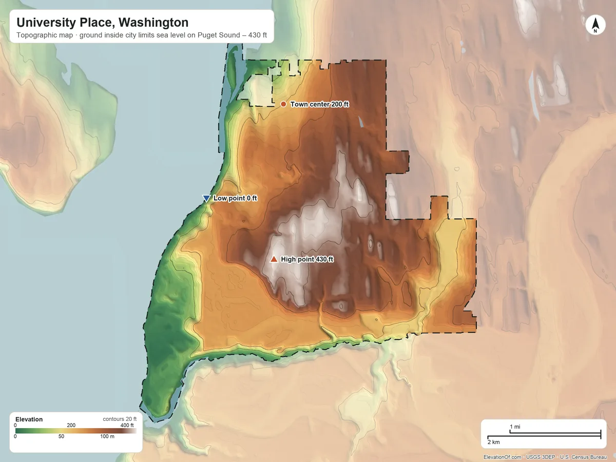 Topographic elevation map of University Place, Washington, shaded from sea level level on Puget Sound to 430 ft on the south side