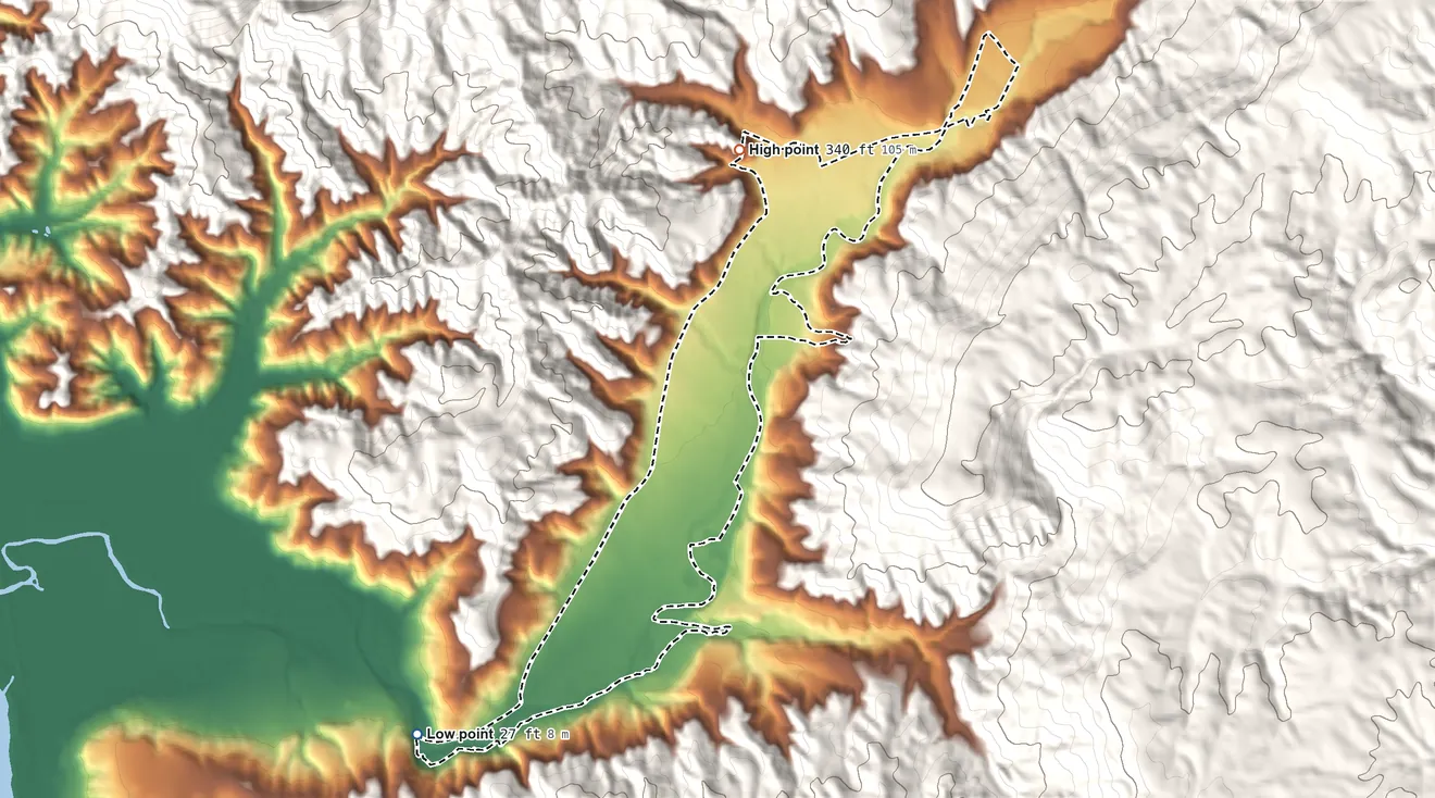 Topographic elevation map of Upper Elochoman, Washington, shaded from 27 ft on the southwest side to 340 ft on the north edge, below higher ground just outside