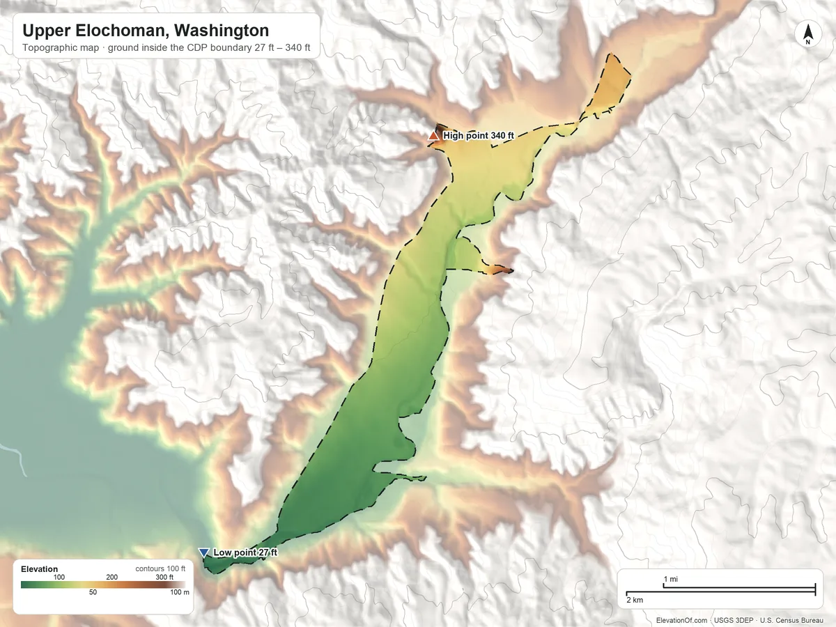 Topographic elevation map of Upper Elochoman, Washington, shaded from 27 ft on the southwest side to 340 ft on the north edge, below higher ground just outside