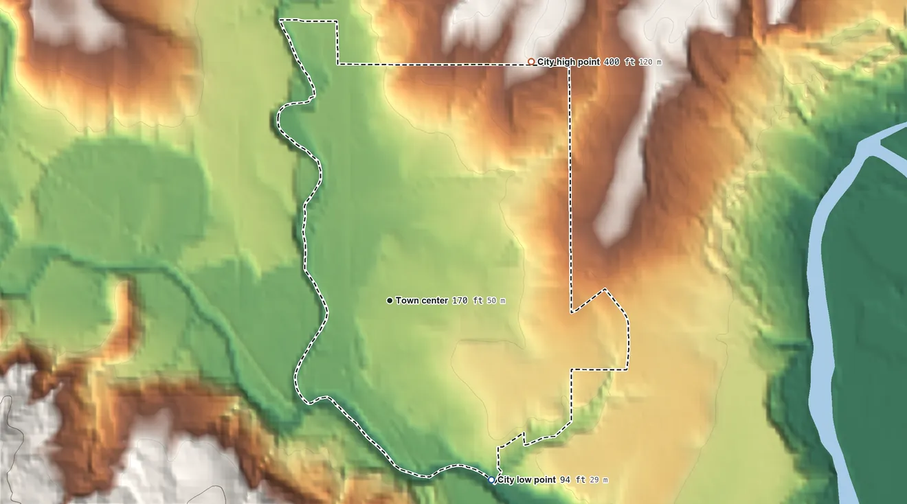 Topographic elevation map of Vader, Washington, shaded from 94 ft on the southeast side to 400 ft on the northeast side