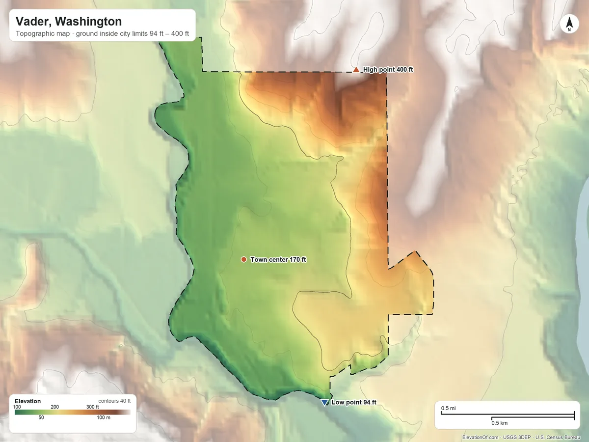 Topographic elevation map of Vader, Washington, shaded from 94 ft on the southeast side to 400 ft on the northeast side