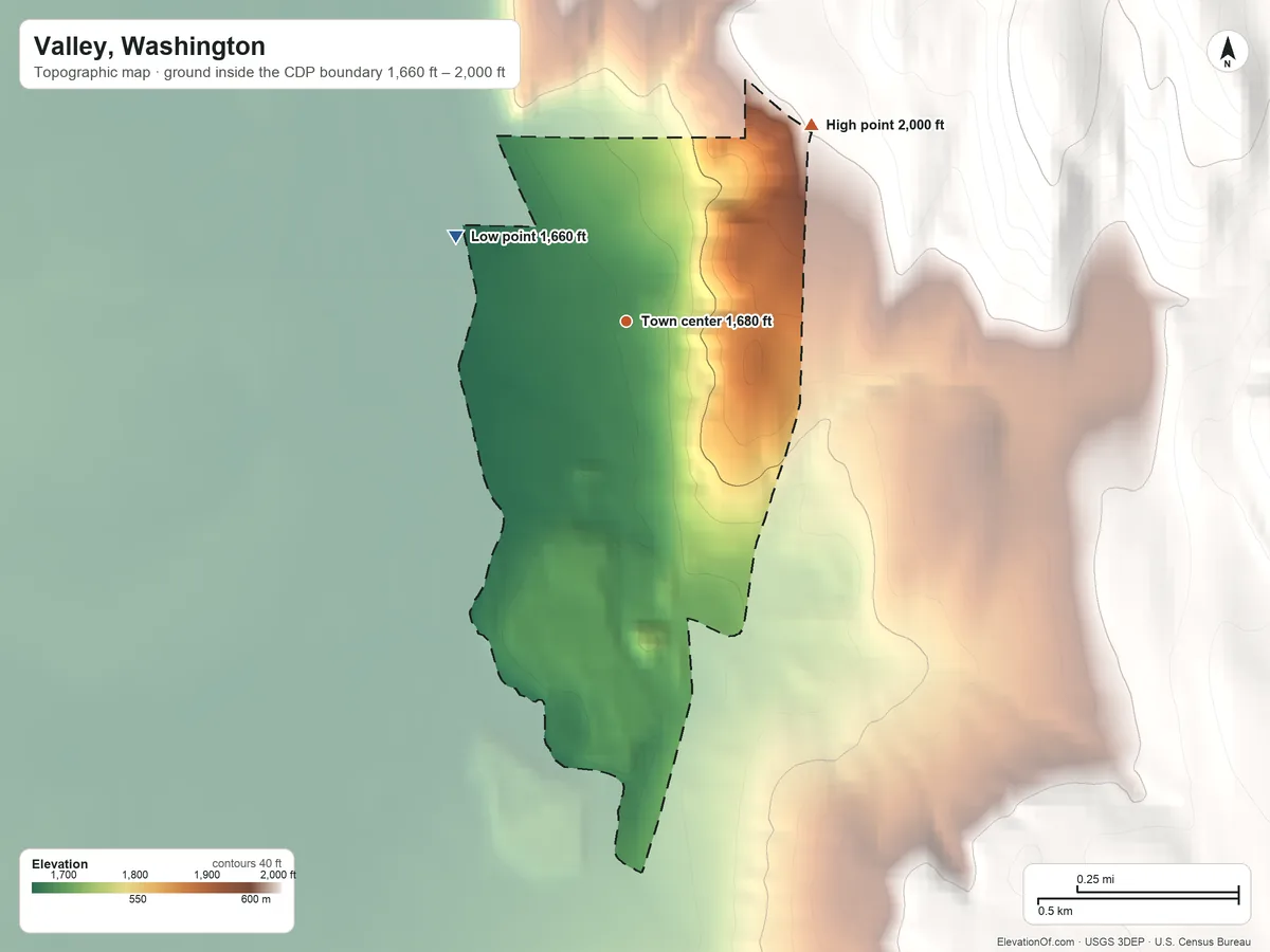 Topographic elevation map of Valley, Washington, shaded from 1,660 ft on the northwest side to 2,000 ft at the foot of the Iron Mountains