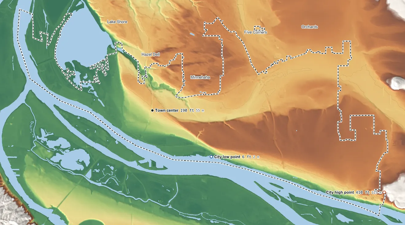 Topographic elevation map of Vancouver, Washington, shaded from 6 ft on the southeast side to 410 ft on the east edge, below higher ground just outside