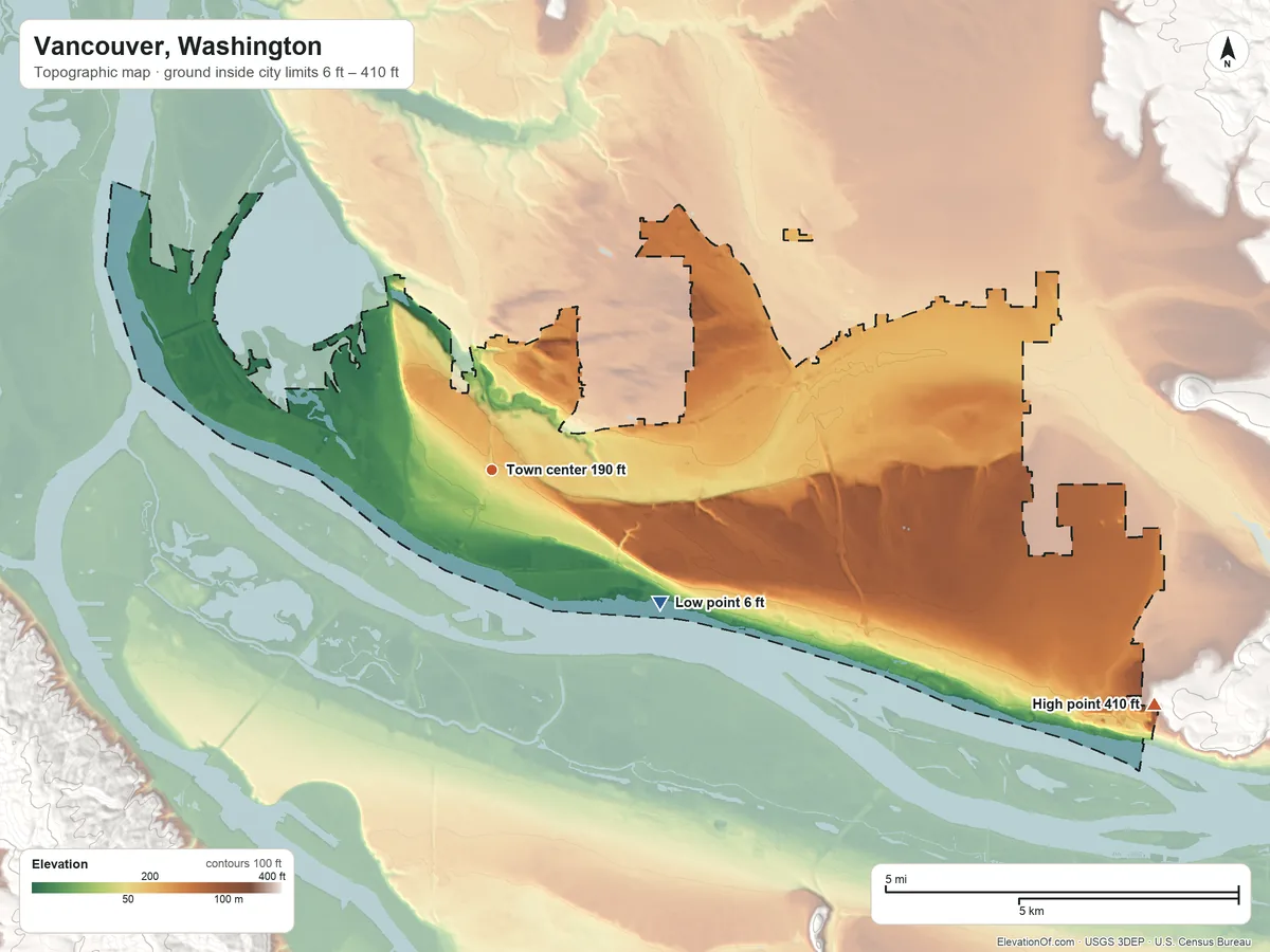 Topographic elevation map of Vancouver, Washington, shaded from 6 ft on the southeast side to 410 ft on the east edge, below higher ground just outside