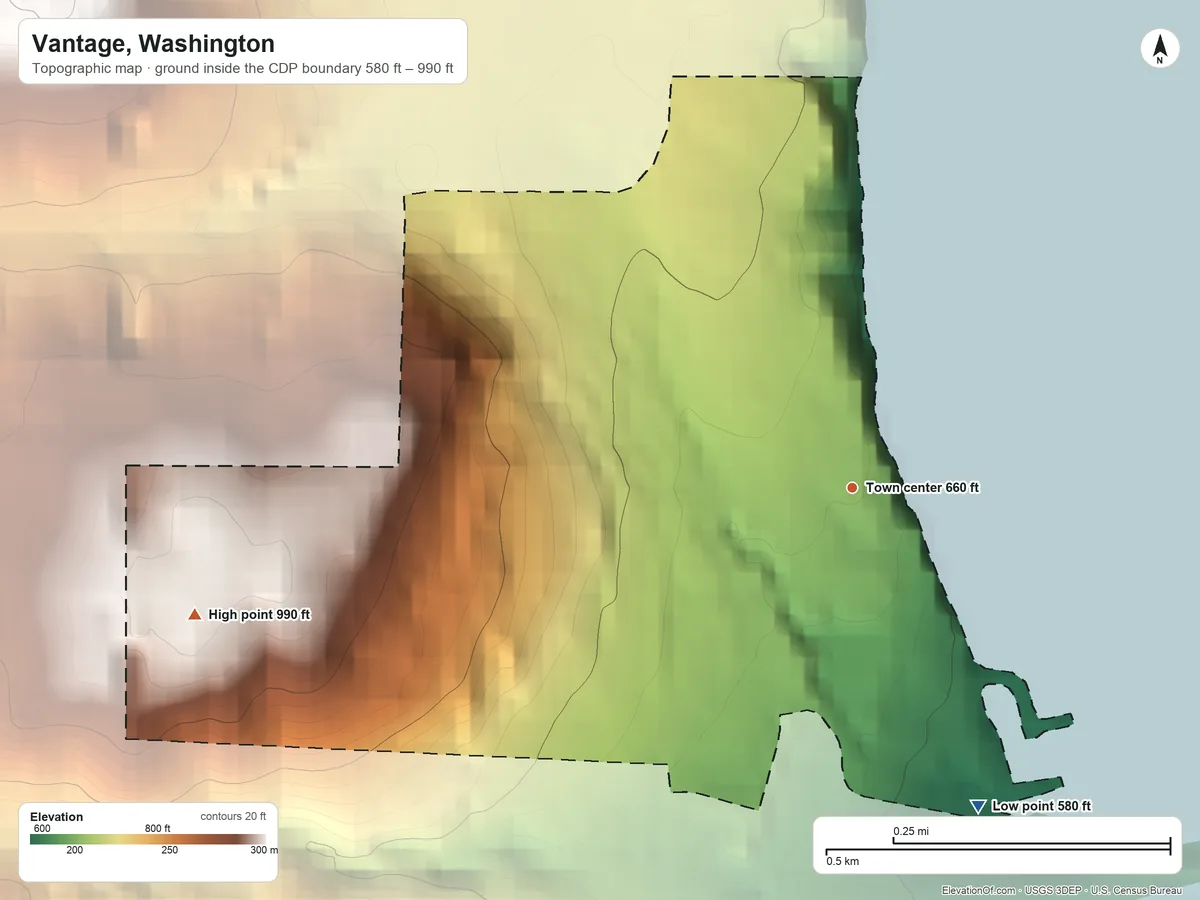 Topographic elevation map of Vantage, Washington, shaded from 580 ft on the south side to 990 ft at the foot of the Boylston Mountains