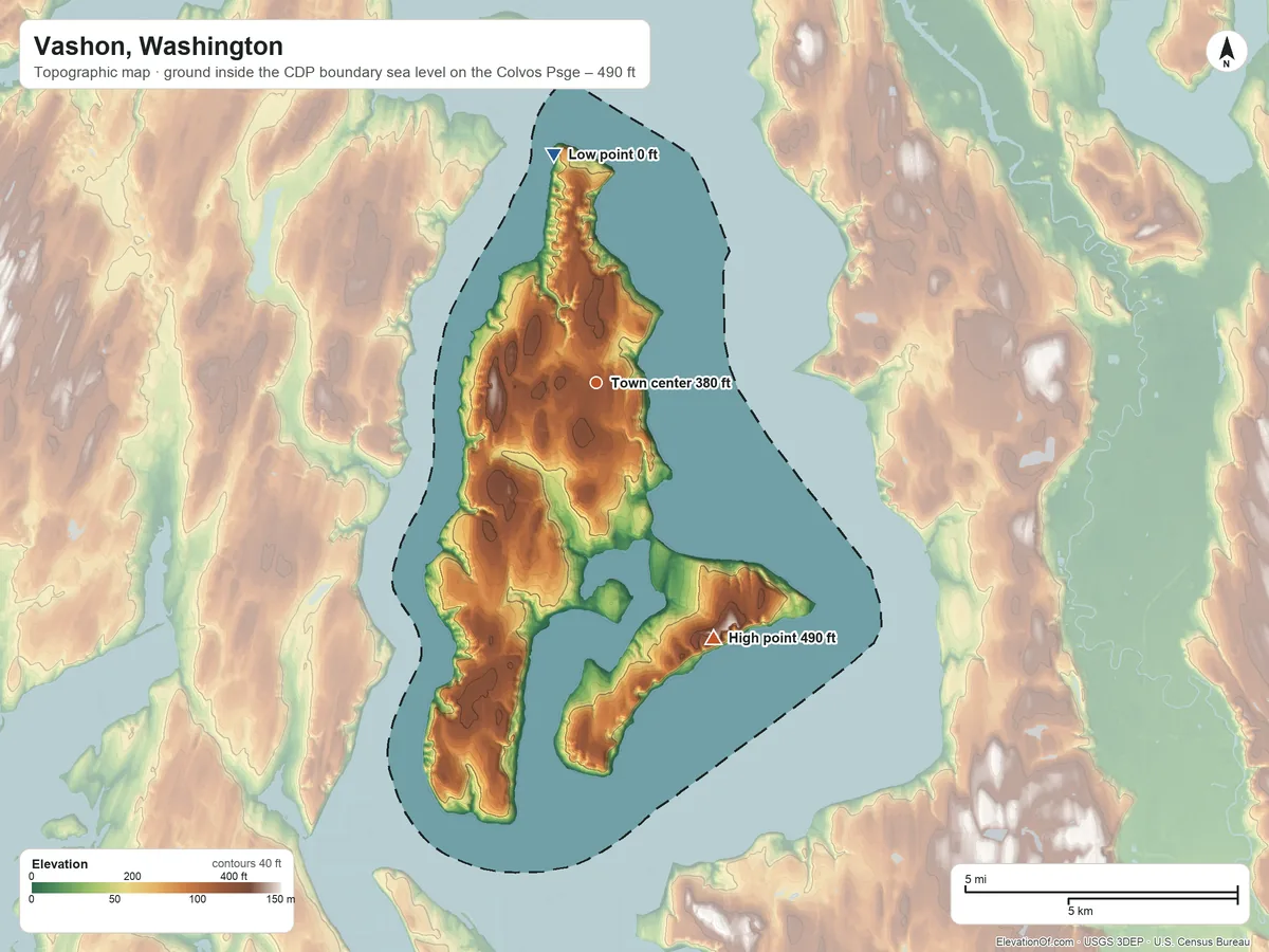 Topographic elevation map of Vashon, Washington, shaded from sea level level on the Colvos Passage to 490 ft on the southeast side