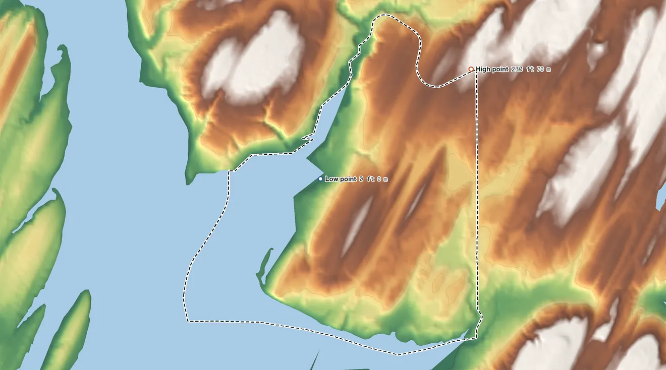 Topographic elevation map of Vaughn, Washington, shaded from sea level level on Case Inlet to 230 ft on the north side