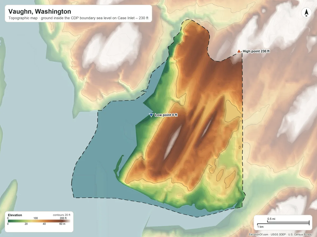 Topographic elevation map of Vaughn, Washington, shaded from sea level level on Case Inlet to 230 ft on the north side
