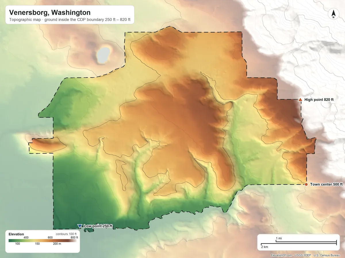 Topographic elevation map of Venersborg, Washington, shaded from 250 ft on the west side to 820 ft on the north edge, below higher ground just outside