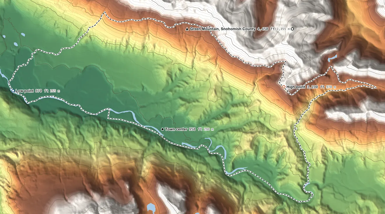 Topographic elevation map of Verlot, Washington, shaded from 870 ft on the west side to 3,190 ft on the east edge, below higher ground just outside