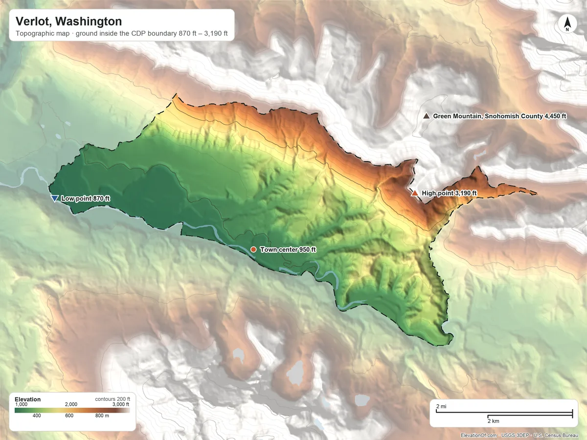 Topographic elevation map of Verlot, Washington, shaded from 870 ft on the west side to 3,190 ft on the east edge, below higher ground just outside