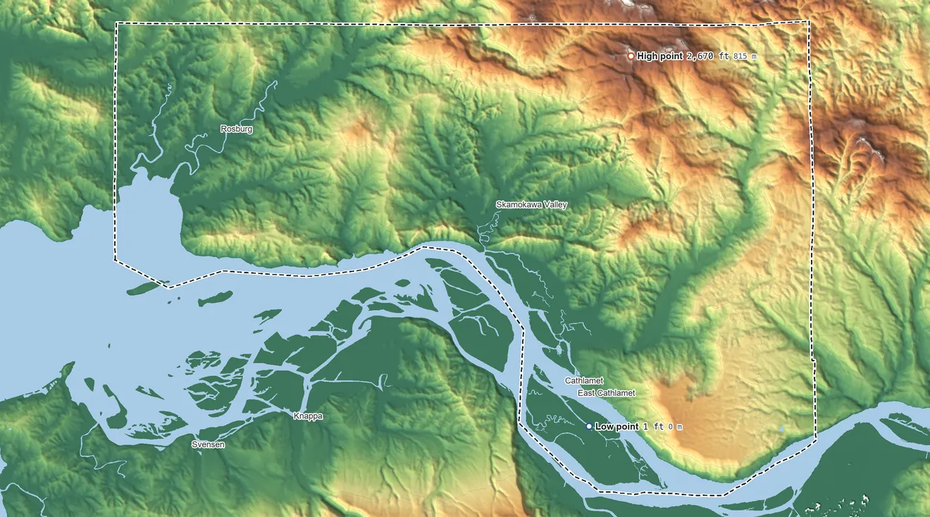 Topographic elevation map of Wahkiakum County, Washington, shaded from 1 ft on the southeast side to 2,670 ft on the northeast side