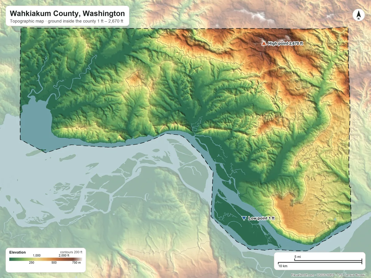 Topographic elevation map of Wahkiakum County, Washington, shaded from 1 ft on the southeast side to 2,670 ft on the northeast side