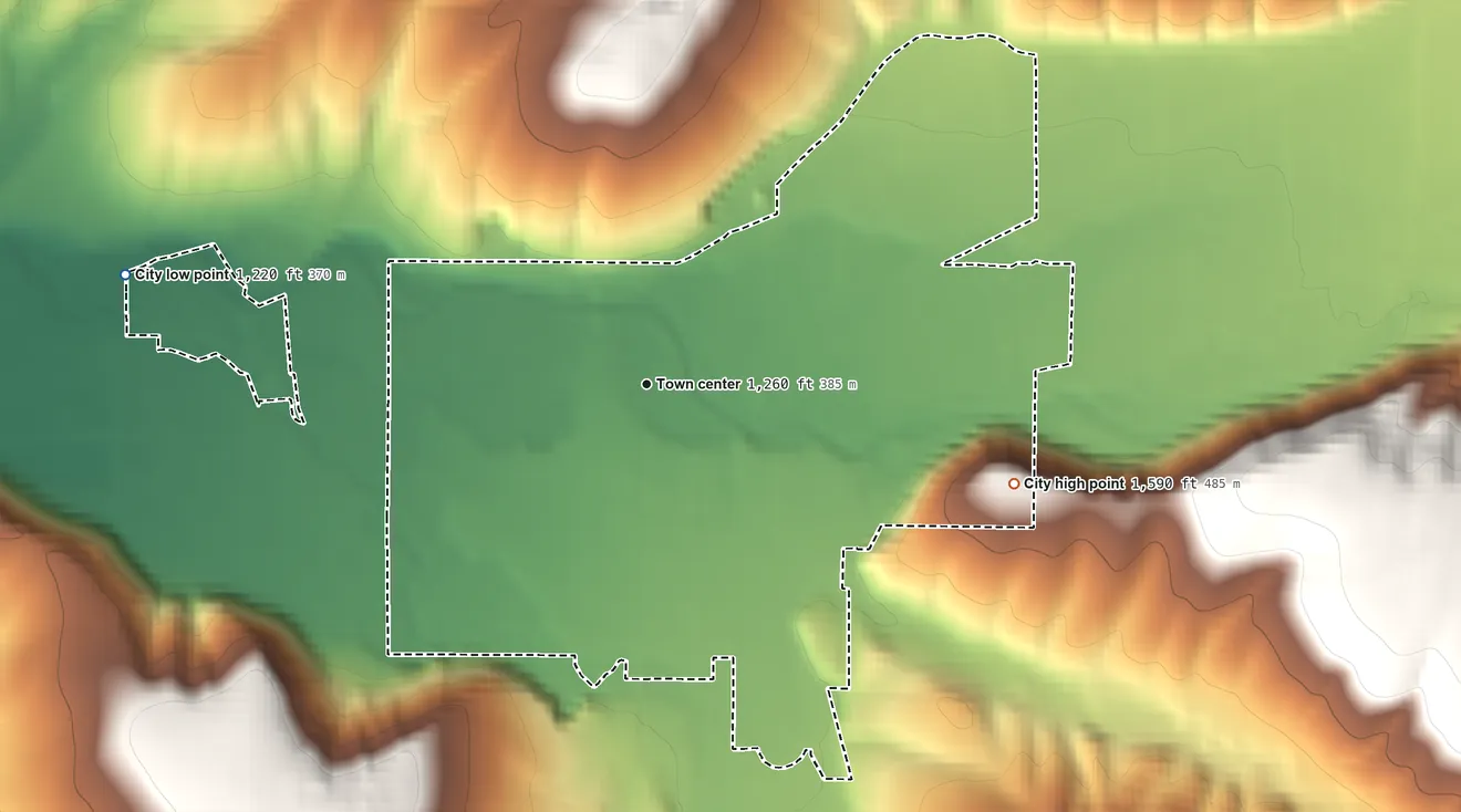 Topographic elevation map of Waitsburg, Washington, shaded from 1,220 ft on the west side to 1,590 ft on the east side