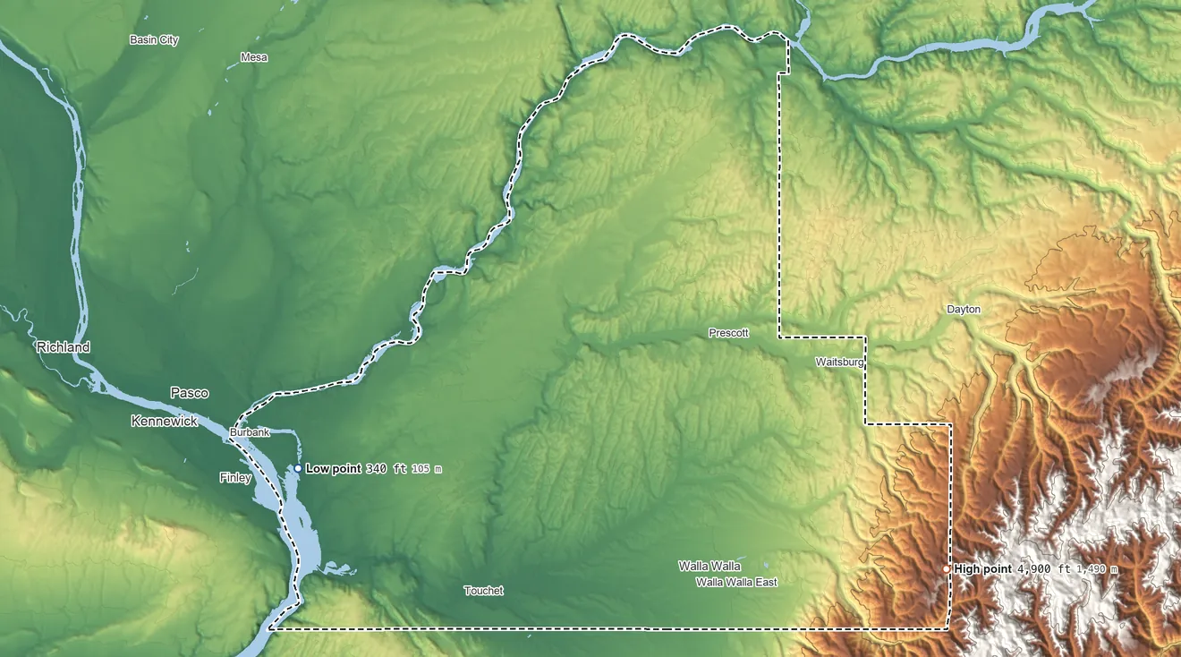 Topographic elevation map of Walla Walla County, Washington, shaded from 340 ft on the southwest side to 4,900 ft on Lewis Peak
