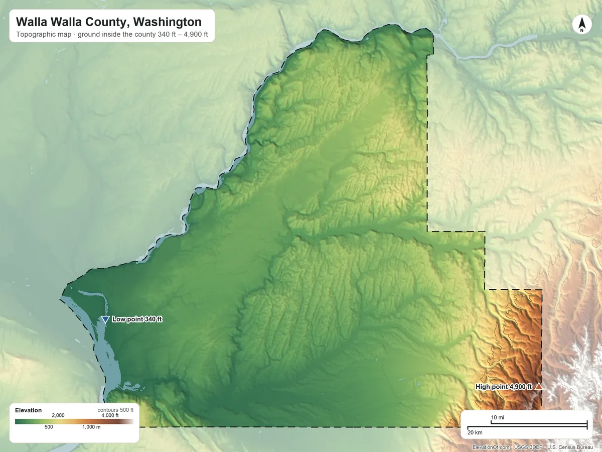 Topographic elevation map of Walla Walla County, Washington, shaded from 340 ft on the southwest side to 4,900 ft on Lewis Peak