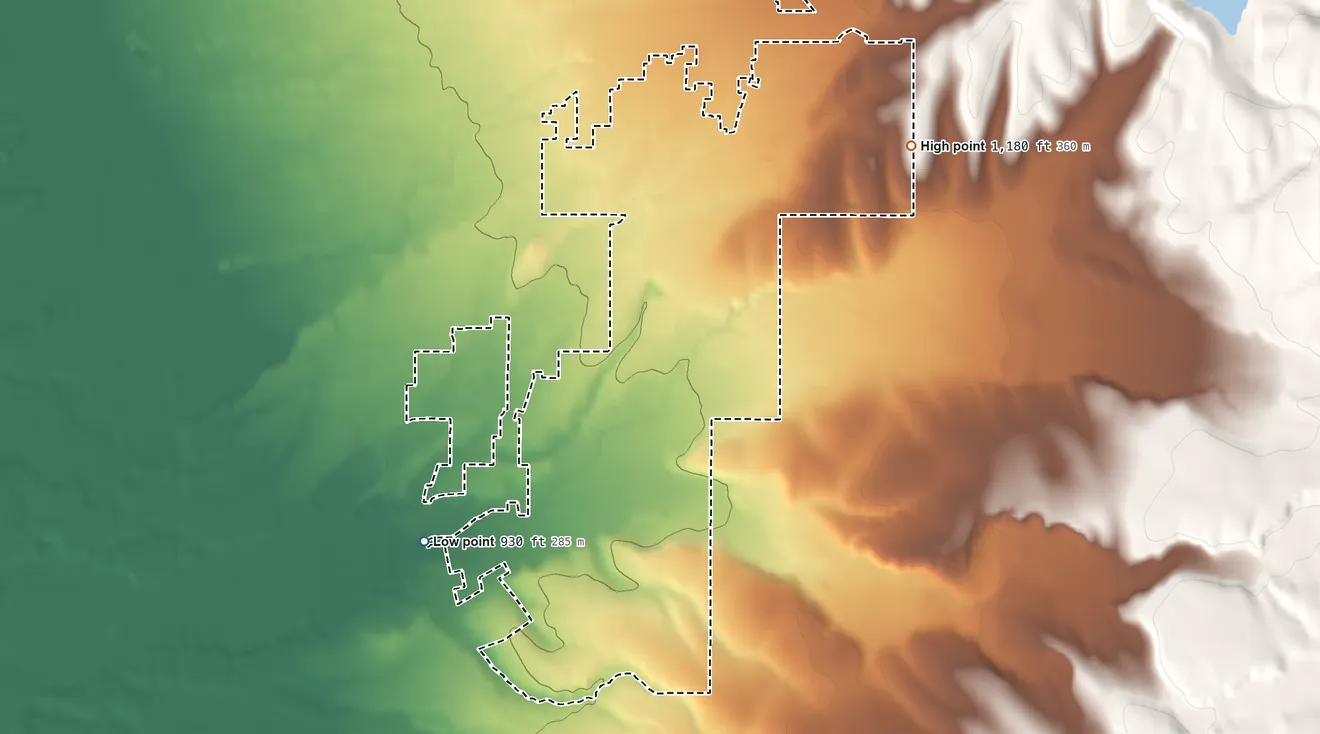 Topographic elevation map of Walla Walla East, Washington, shaded from 930 ft on the southwest side to 1,180 ft on the northeast side