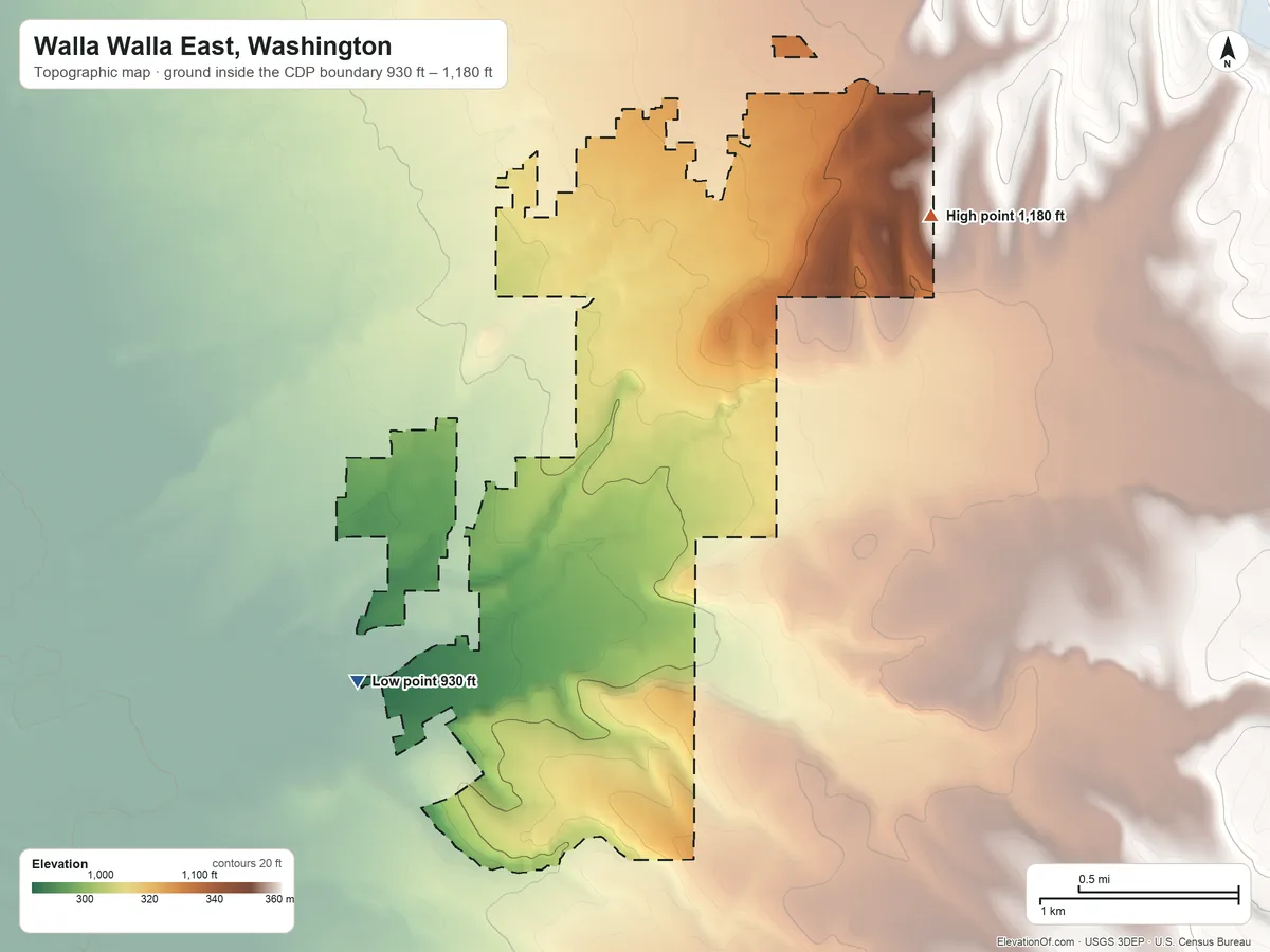 Topographic elevation map of Walla Walla East, Washington, shaded from 930 ft on the southwest side to 1,180 ft on the northeast side