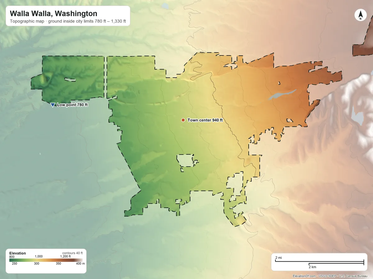 Topographic elevation map of Walla Walla, Washington, shaded from 780 ft on the west side to 1,330 ft on the east edge, below higher ground just outside