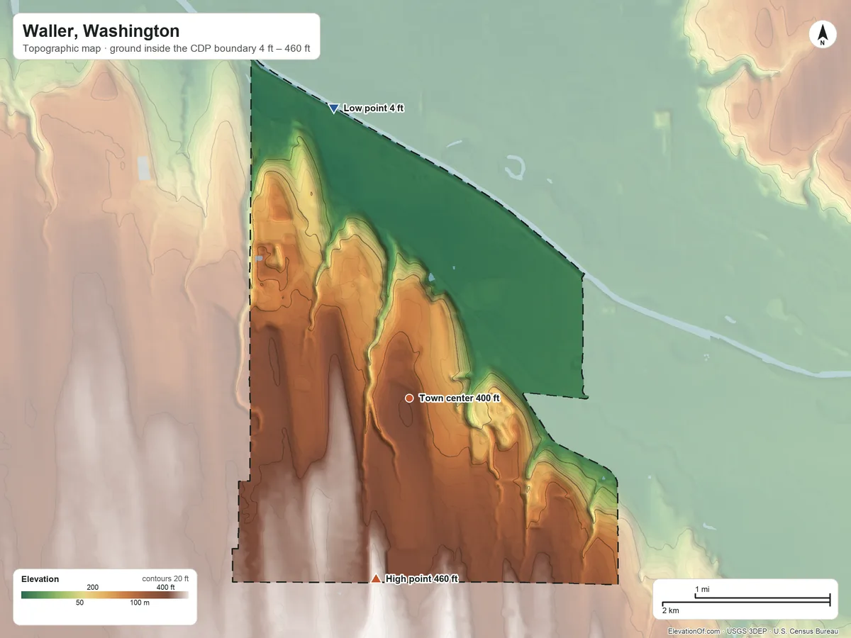 Topographic elevation map of Waller, Washington, shaded from 4 ft on the north side to 460 ft on the south side